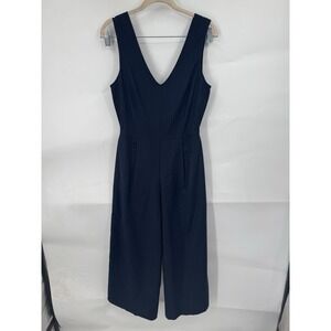 Club Monaco Tie Back Striped Wool Blend Wide Leg Jumpsuit Women 2 Navy Preppy